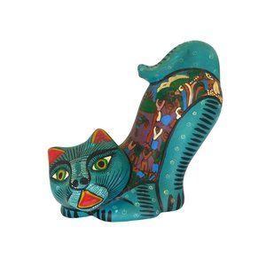 Blue Hand Painted Terracotta Cat Figurine Whimsical Festival Mexico Folk Art 6"